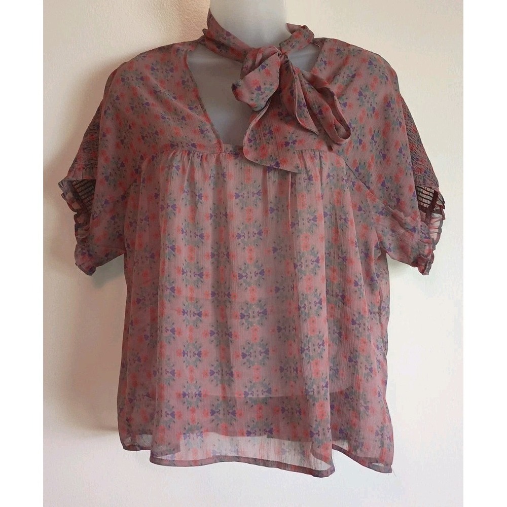 Natural Life Floral Tie Neck Sheer Boho Peasant Blouse Smocked Top Small